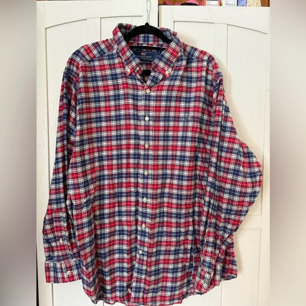 Vineyard Vines Cotton Flannel Button Shirt Blue/Red/White Plaid; Men’s XXL - Picture 2 of 5